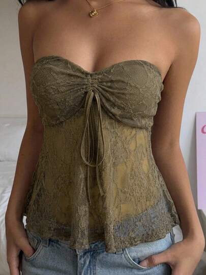 SHEIN EZwear Áo ống babydoll ren màu trơn, kiểu dáng gợi cảm mùa hè dành cho nữ, thích hợp đi nghỉ mát ở bãi biển, có dây rút và nhún bèo.