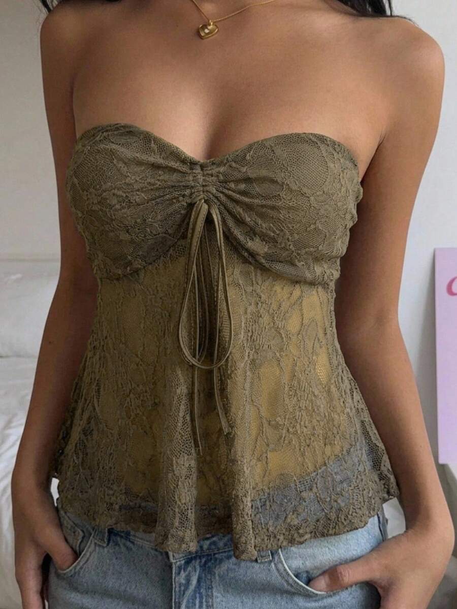 SHEIN EZwear Women's Summer Sexy Beach Vacation Style Solid Color Lace Drawstring Ruched Babydoll Tube Top - Olive Green - View 1