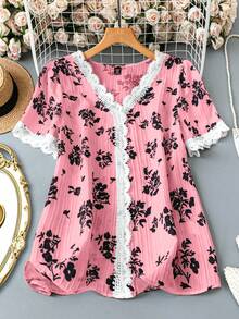 SHEIN LUNE 大码女式V领拼接花卉印花休闲优雅通勤短袖衬衫 - 粉色 - 查看 1