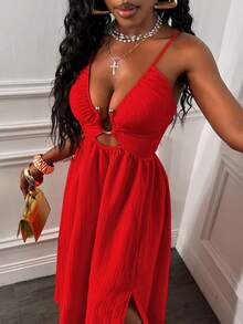 Glyssa Women's Sexy Spaghetti Strap Backless Criss-Cross Front Hollow U-Shaped Buckle Ruched Hem High Slit Dress - Red - View 4