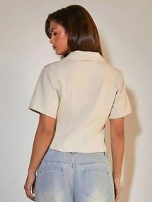 COSMINA Áo sơ mi denim nữ, áo sơ mi denim tay ngắn, áo denim màu xám, trang phục denim thường ngày. - Xám - Xem 2