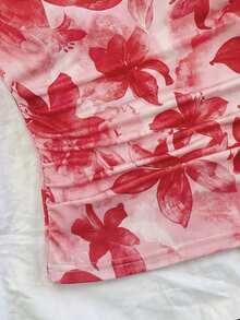 SHEIN 少女度假针织粉色芙蓉花印花露背腰部褶皱修身时尚吊带背心，适合春夏季节和派对穿着 - 粉色 - 查看 3