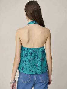 Nöista Sleeveless Halter Top Features A Purple, Dark Pinrk Floral Pattern With A High Neckline And Keyhole Front Detail. Spring, Summer, Women. - Green - View 2