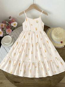 LMoss Kids Young Girl Ditsy Floral Tie Bow Ruffle Hem Dress, Suitable For Holiday & Travel Young Girls Dresses Kids Summer Dresses - Multicolor - View 3