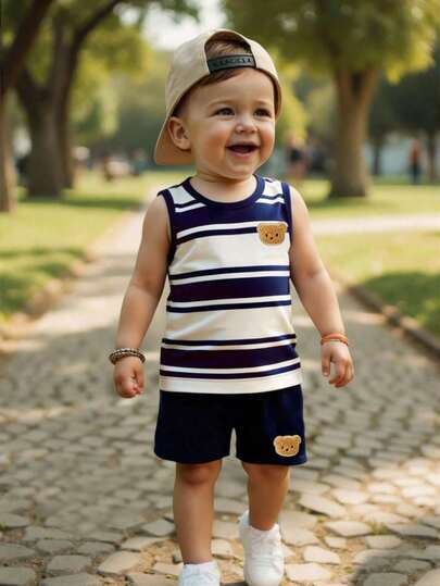 2件套男婴可爱小熊条纹印花圆领背心+纯色短裤套装，休闲夏季服装