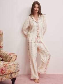 Elorette 2pcs/Set Piyama Motif Gelembung dengan Kerah Berkerut dan Bukaan Depan, Musim Liburan, Keindahan Bunga yang Melimpah, Pakaian Musim Gugur dan Musim Dingin dengan Detail Nyaman dan Elegan - MultiWarna - View 5