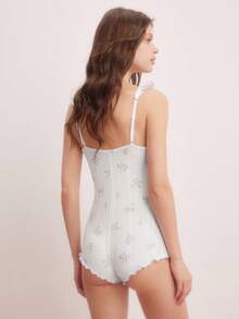 Elorette Tuta da donna casual con decorazione al collo a fiori ditsy e laccio - Bianco - Visualizzare 3