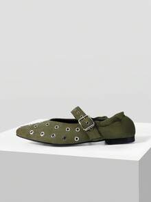 Mnmlis Sepatu Wanita Model Ujung Lancip dengan Desain Gesper, Sepatu Kasual Modis - Hijau Tentara - View 2