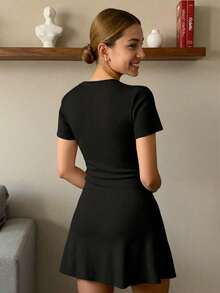 INAWLY French Style V-Neck Waist Cinched A-Line Knit Dress - Black - View 2