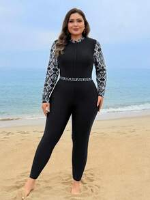 Swim Shayni Plus Size Women Geometric Print Patchwork One-Piece Swimsuit With Long Pants And Cover-Up Set - Multicolor - View 6