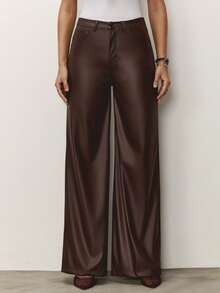 Daynim High Waist PU Wide Leg Pants - Brown - View 4