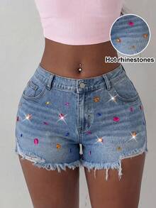 Slaydiva 大码女式带口袋纽扣水钻装饰毛边休闲百搭日常牛仔短裤 - 淺色水洗藍 - 查看 1
