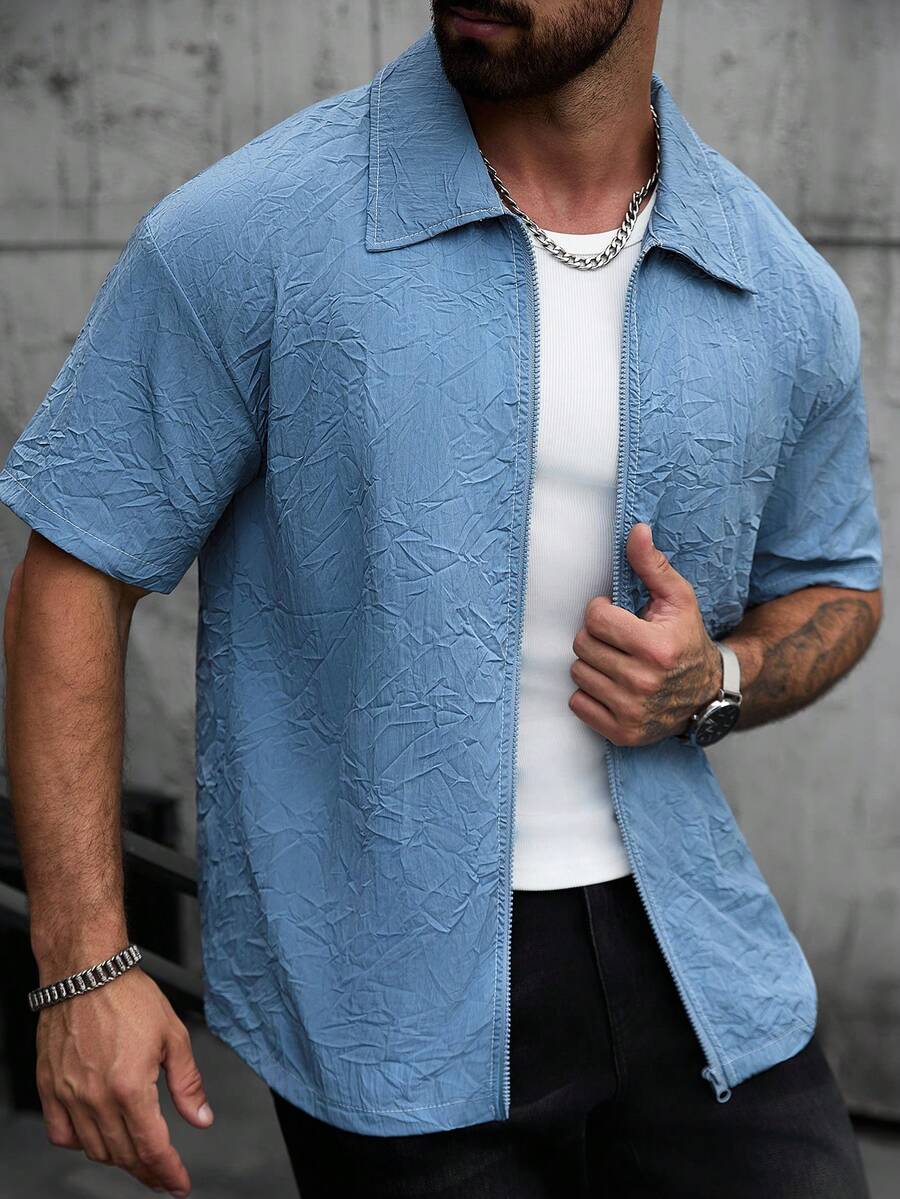 SLATEMANN Camisa casual de manga corta con cremallera y textura de unicolor para hombres, de verano - Neblina azul - Ver 1