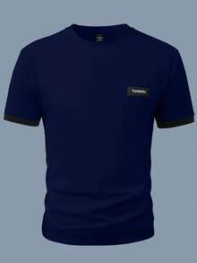 Manfinity Homme Men's Letter Print Casual Versatile Round Neck Short Sleeve T-Shirt, Suitable For Commuting And Travel - Navy Blue - View 3