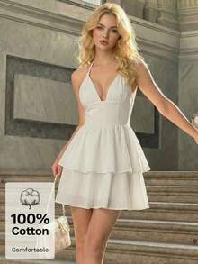 SHEIN MOD 女士纯色简约日常穿搭露背迷你连衣裙 - 白色 - 查看 2
