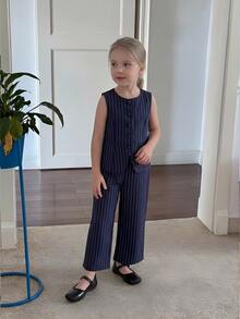 SHEIN 年轻女孩通勤休闲纯色梭织无袖圆领上衣和直筒裤套装，法式 - 藏蓝色 - 查看 6