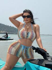 Swim SXY Plus Size Contrast Color Halter Twist Back Split Bikini Set - Black - View 3
