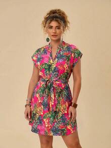 Travachic Plus Size Batwing Sleeve Tie Waist Shirt Dress - Multicolor - View 3