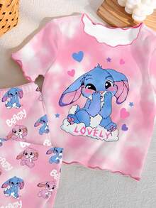 Bộ đồ ngủ 2 mảnh cho bé gái, họa tiết thỏ hoạt hình dễ thương nhuộm tie-dye, phong cách Y2K ngọt ngào, áo tay ngắn viền lượn sóng tương phản và quần dài, đồ mặc nhà thoải mái. - Hồng - Xem 6