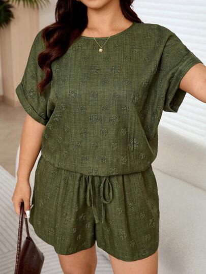 Vionelle Bộ đồ nữ cỡ lớn mùa xuân hè, phong cách retro tối giản, cổ tròn, tay raglan, eo chun, quần short dáng rộng, 2 món.