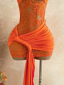 Soleia Women's Sexy Bandage Beach Vacation Solid Color Shoulder Splice Sheer Lace Ruffle Fitted Mini Dress, Summer Dresses For Women Orange Red - Orange - View 6