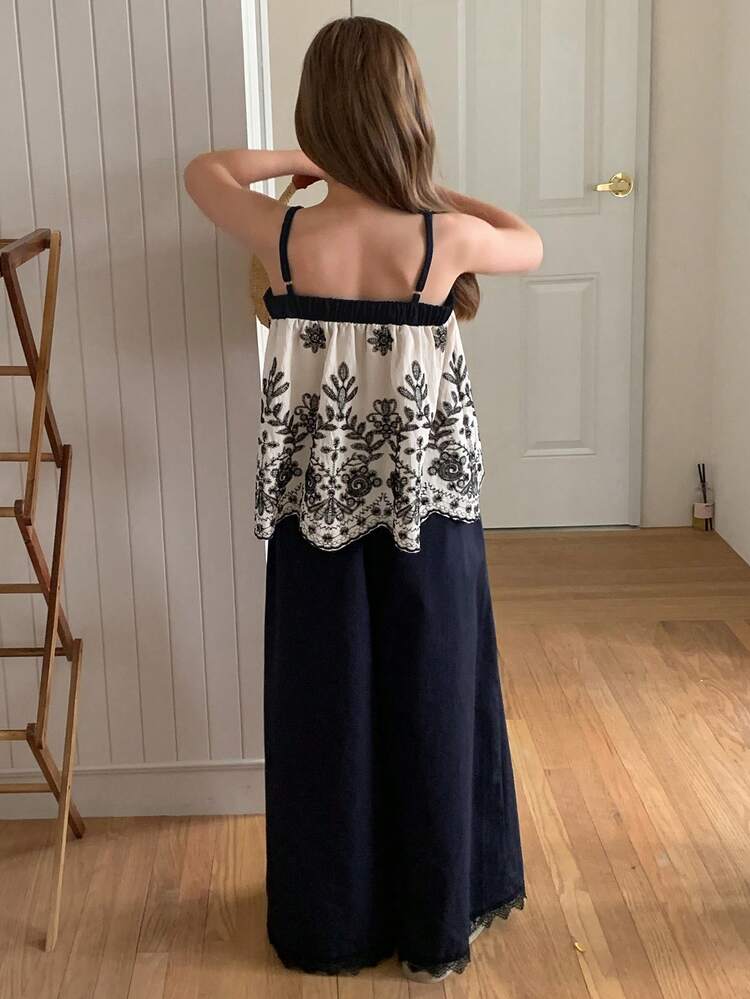Tween Girl Embroidered Camisole Top And Wide Leg Pants Set