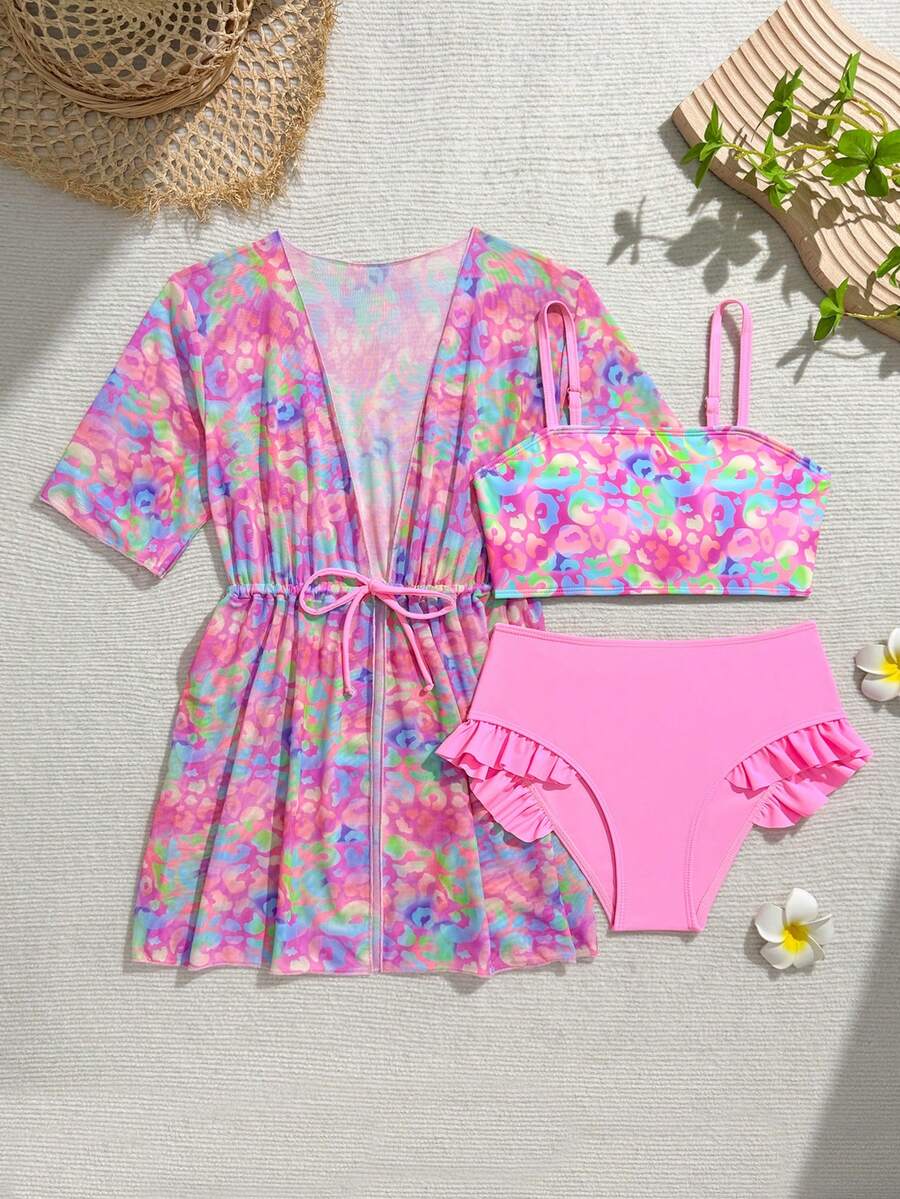 SHEIN 少女三件套泳衣,可爱豹纹印花,时尚休闲优雅泳装,适合游泳、度假、夏季穿着。包含罩衫,是女孩夏季度假的理想选择。 - 粉色 - 查看 1