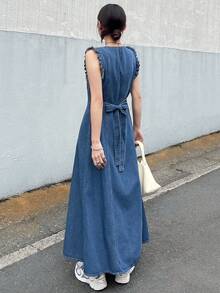 FRIFUL Đầm denim nữ dáng suông, cài cúc đơn, tay loe, thích hợp mặc đi biển. - Màu xanh lam - Xem 3