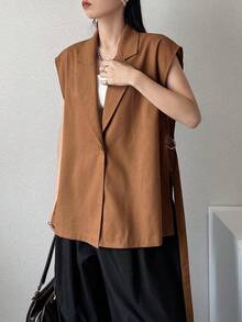 FRIFUL Women's Loose Solid Color Lapel Summer Blazer Office Shades Of Brown Business Casual Western Outfits For Women - Orange - View 8