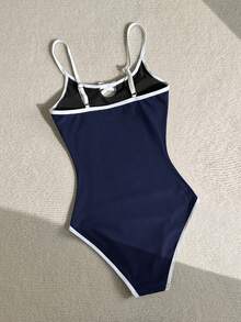 SHEIN Teen Girl Colorblock Bow Decor One-Piece Swimsuit, Suitable For Swimming, Vacation, Summer Beach Wear - Navy Blue - View 2