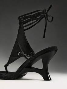 SHUZIA Women's Chic Casual Lace-Up Leg Wrap Sculpted Wedge Thong Sandals Summer Shoes - Black - View 7
