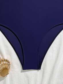 SHEIN Áo tắm liền thân cho bé gái tuổi teen, màu xanh navy, lưng chéo, dây đeo vai mảnh có thể điều chỉnh, cạp cao ôm sát, kiểu dáng tối giản, màu trơn, thích hợp cho kỳ nghỉ hè. - Màu xanh hải quân - Xem 3