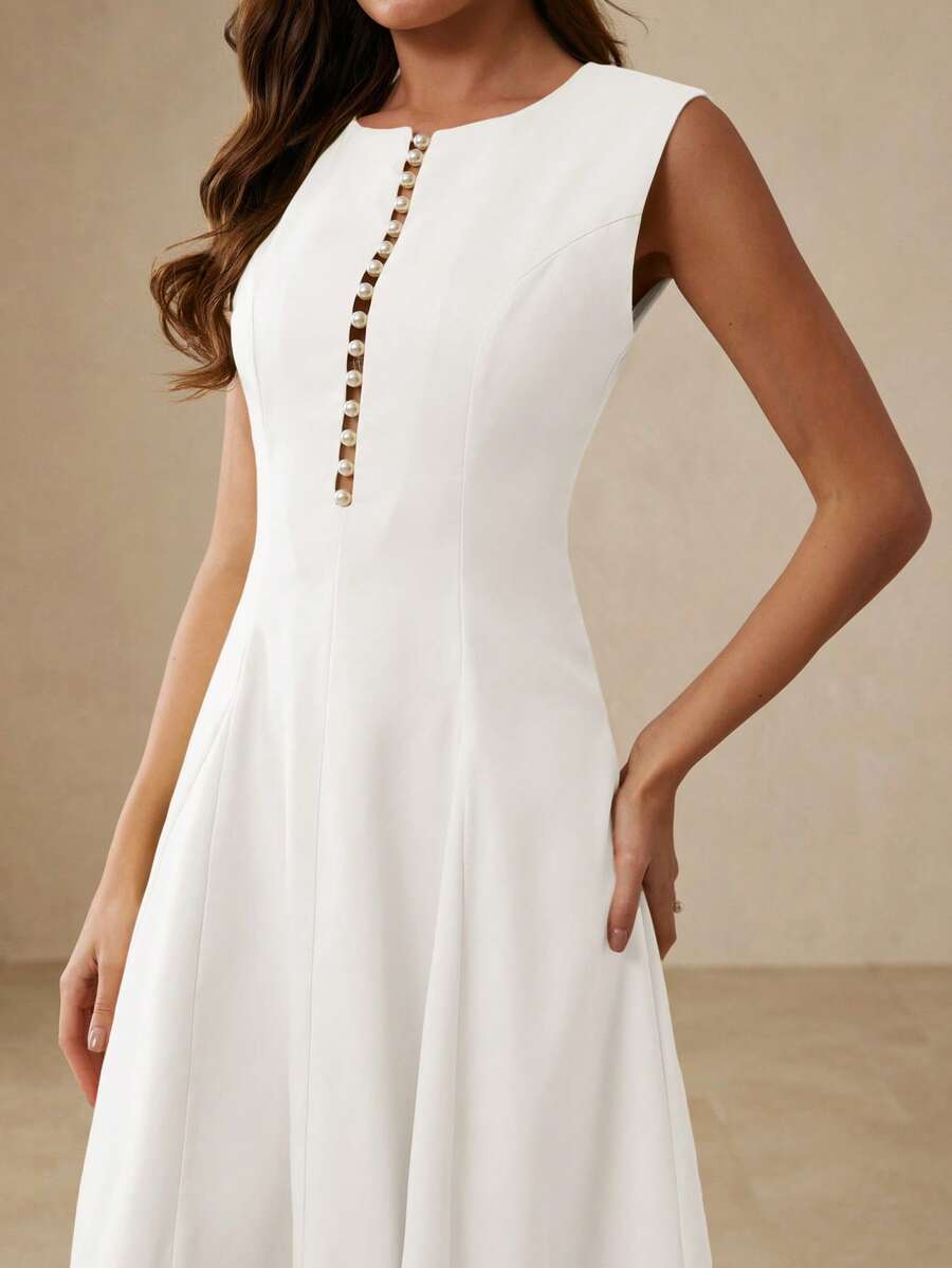 Aveloria Modichic Elegantes, anmutiges, schickes, luxuriöses Modekleid mit rundem Ausschnitt, exquisiter Perlenapplikation vorne, taillierter Taille und ärmellos - Weiss - Übersicht 1