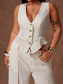 Rustia Conjunto de 2 piezas de talla grande para mujer, estilo vintage primavera/verano, cómodo, con cuello en V francés, romántico, de alta gama: chaleco ceñido + pantalones de pierna ancha con cintura elástica alta, adecuado para salidas diarias, temporada de regreso a clases, fiestas de regreso a clases, atuendo de oficina, conjunto de traje, adecuado para primavera y verano - Albaricoque - Ver 4