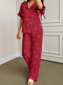 Napfluff Blue Striped Bow Print Patchwork Contrast Color Lapel Short Sleeve Pajama Set For Women - Red - View 6