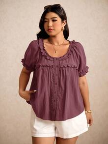 Elaquor Plus Size Casual Solid Color Short Sleeve Shirt, Summer - Red Violet - View 6