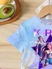 Girls' Ombre Purple K-POP Girl Group Outfit, Summer Lightweight, Star Print Short Sleeve Top + Tight Shorts - Multicolor - View 4