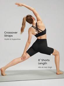 GLOWMODE 2 Pieces FeatherFit™ Sports Bra & 8'' Shorts Set Strappy Back Bra Tank Top With High Waist Side Pockets Biker Shorts Low Impact Yoga Pilates Daily Running Gym Workout Summer - Black - View 3