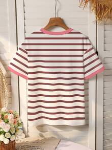 Elladie kids Girls' Sweet Floral Print Red Striped Round Neck Short Sleeve Casual T-Shirt, Summer - Multicolor - View 4