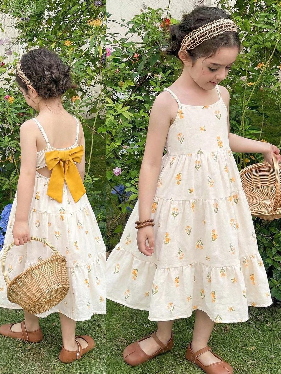 LMoss Kids Young Girl Ditsy Floral Tie Bow Ruffle Hem Dress, Suitable For Holiday & Travel Young Girls Dresses Kids Summer Dresses - Multicolor - View 1