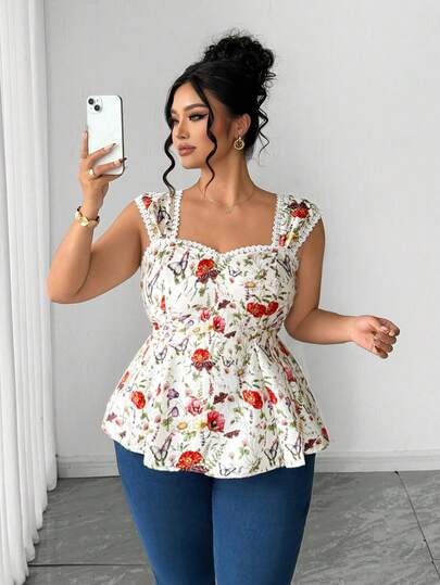 Elenzga Plus Size Women Floral Print Fitted Waist Top - Lace Trim Camisole Crop Top, Vintage Floral Waist Camisole - Lace Trim Square Neck Camisole, Boho Floral Print Waist Camisole - Plus Size Lace Trim Square Neck Top, Suitable For Dates, Easter/Cherry Blossom Outings, Floral Elements Match Spring Vibe, Weekend Dates, Brunch With Friends, Casual Outings