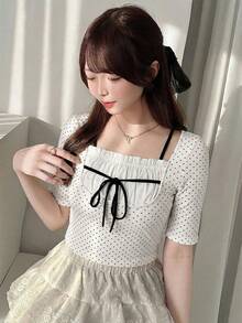 FRIFUL 2-In-1 Contrast Color Pleated Drawstring Tie Waist Casual Slim Fit T-Shirt Cute Tops - White - View 3