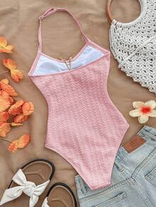 Tween Girls Vacation Halter V-Neck Metal Starfish & Shell Tassel Tie Strap Textured Knit Bodysuit One-Piece Swimsuit - Pink - View 2