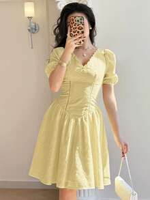 Feyla Women's Elegant Hollow Embroidery Shell Trim Waist Dress, Summer - Yellow - View 3