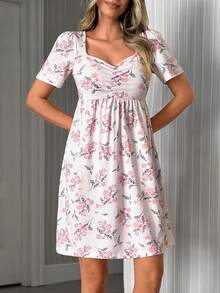 SHEIN Cottnline Ruched Detailed Floral Print Short Casual Relaxed Lounge Dress - Multicolor - View 3