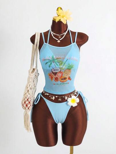 Zestiva مجموعة سباحة شاين موديل-D المكونة من 3 قطع: ملابس علوية كامي بنقشة زهور وأحادي اللون بحمالات سباغيتي، وأعلى بكيني مثلثي، وسراويل سباحة بربطة جانبية، مجموعة تانكيني نسائية جذابة لعطلة الصيف والشاطئ