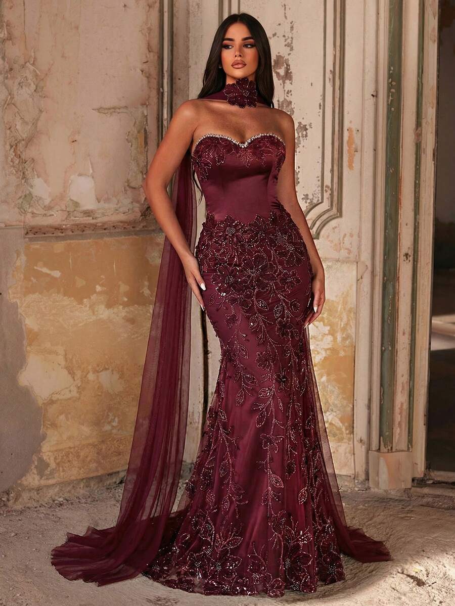 Glamrae 优雅奢华的3D立体花朵串珠弹力针织美人鱼裙，性感无肩带设计，适合婚礼、派对、度假、舞会、正式场合（装饰繁复） - 酒紅色 - 查看 1