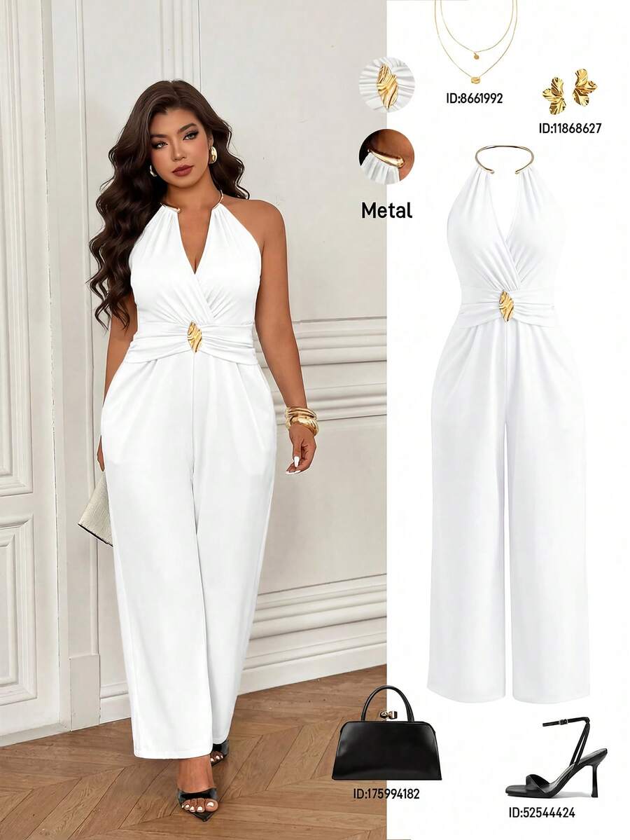 Femmeverse Jumpsuit Panjang Tanpa Lengan Leher V Seksi Tanpa Punggung untuk Wanita Ukuran Plus - Putih - View 1