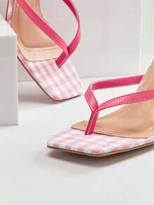 SHUZIA Women Comfortable Check Fabric Kitten Heel Square Toe Thong Heeled Sandals - Pink - View 6