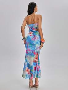 TypaGal Blue Floral Summer Boho Tropical Beach Vacation Holiday Women's Maxi Dress,Botanical Print,Shell Chain Halter Neck,Open Back Cutout Party Dress - Multicolor - View 8